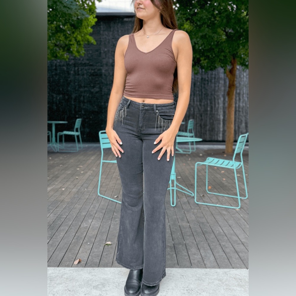 Risen Fringe Pocket High-Rise Flare Jeans